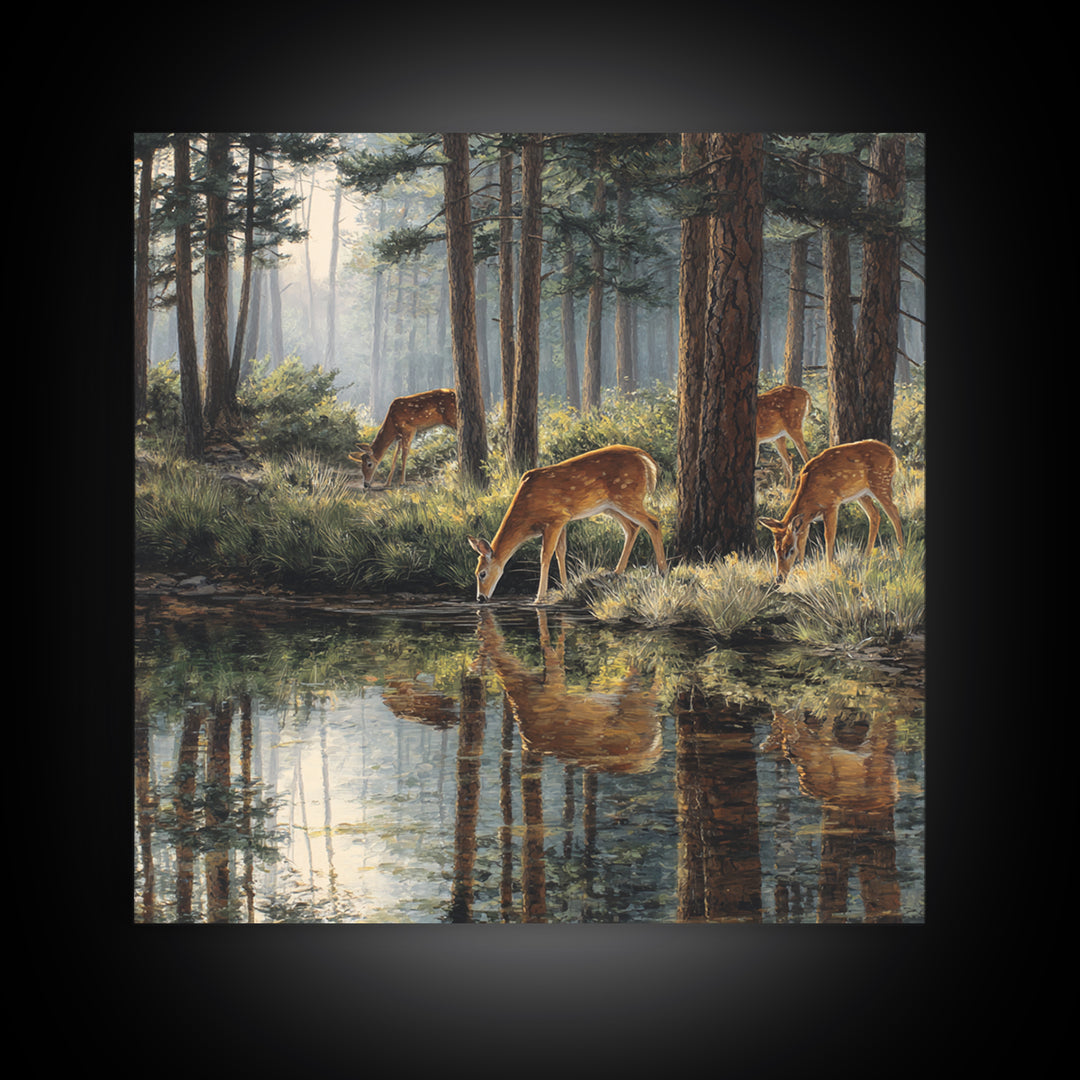 Deer Drinking At Forest Lake Wall Art, Peaceful Wildlife Landscape Canvas Print, Rustic Cabin Decor, Nature Inspired Living Room Art