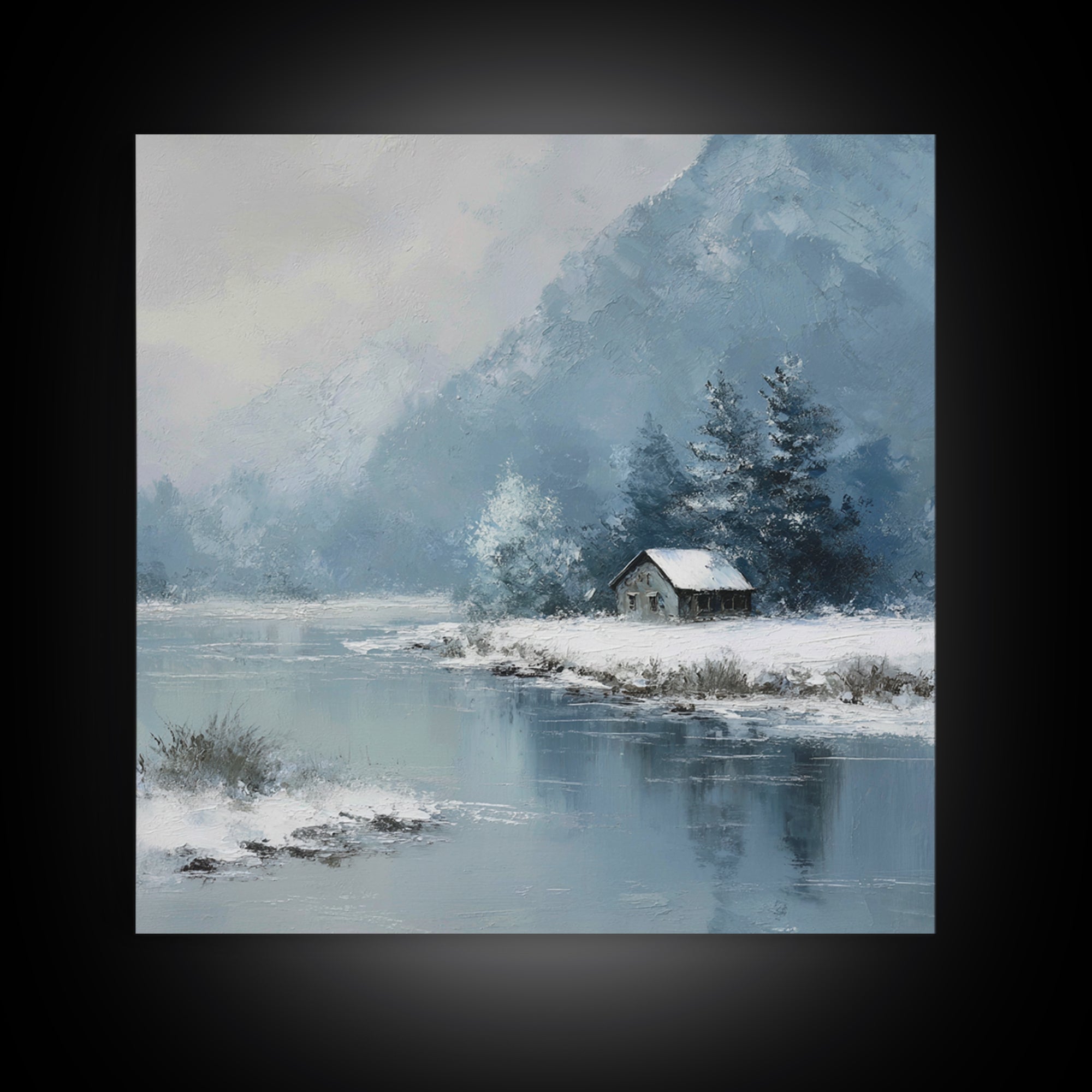 Winter Cabin By Lake Wall Art, Snowy Mountain Landscape Canvas Print, Cozy Rustic Home Decor For Living Room Or Cabin