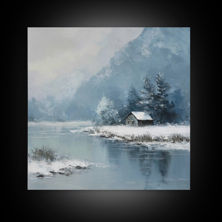 Winter Cabin By Lake Wall Art, Snowy Mountain Landscape Canvas Print, Cozy Rustic Home Decor For Living Room Or Cabin