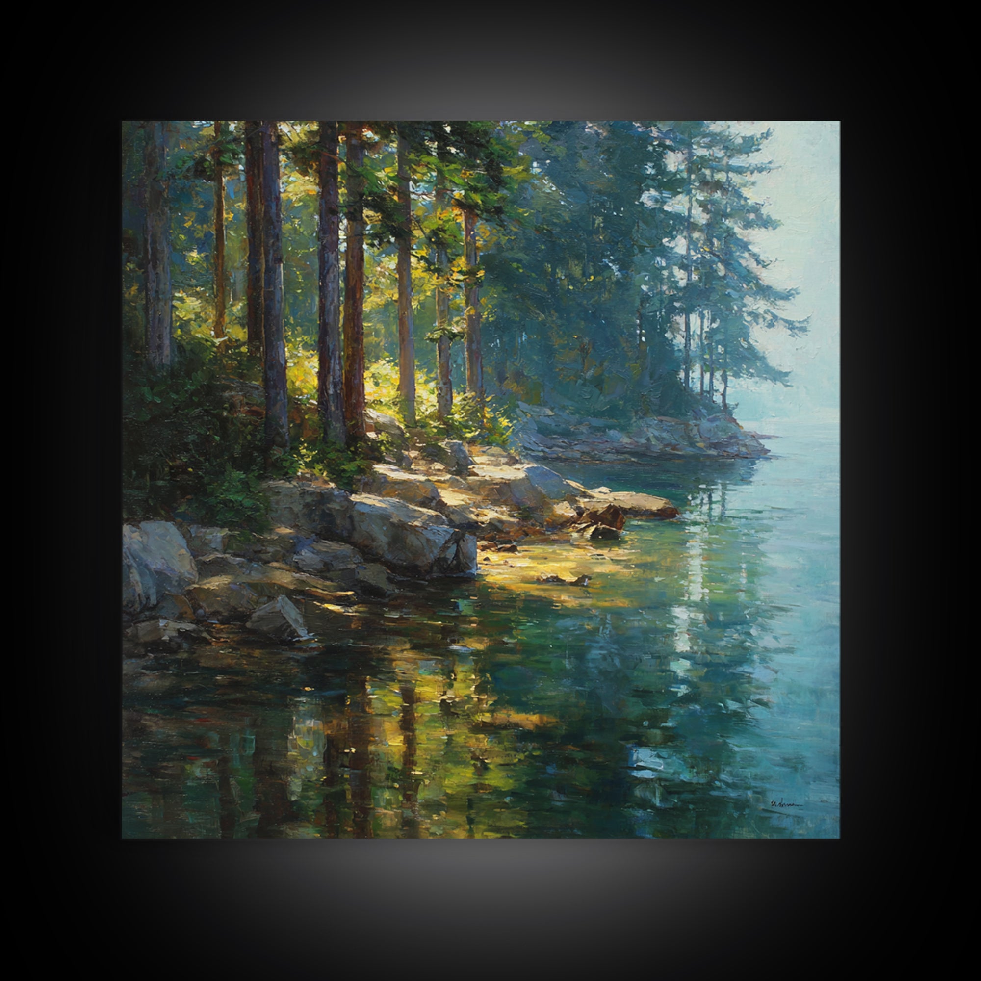 Sunlit Forest Lake With Reflections Landscape Wall Art, Nature Painting For Cabin Or Living Room, Canvas Print