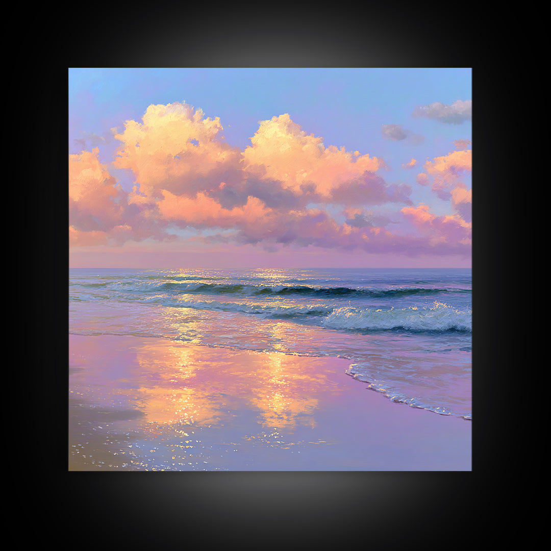 Pastel Ocean Sunset With Peach Clouds Canvas Print, Coastal Wall Art, Beach House Decor, Serene Living Room Seascape Wall Decor