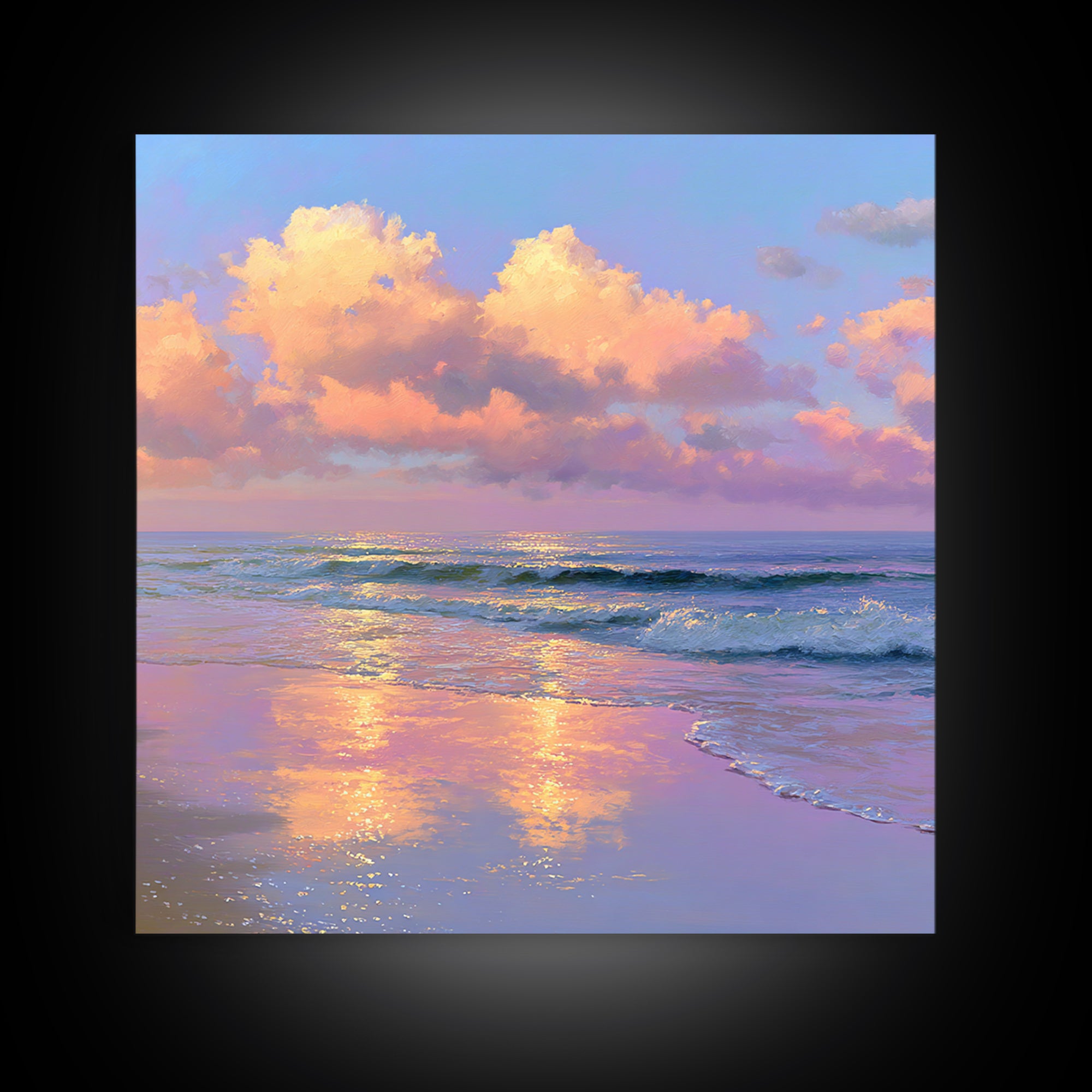 Pastel Ocean Sunset With Peach Clouds Canvas Print, Coastal Wall Art, Beach House Decor, Serene Living Room Seascape Wall Decor