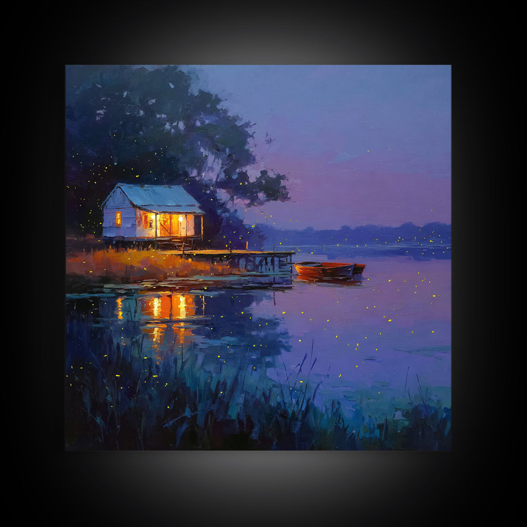 Cozy Lake Cabin At Dusk Framed Canvas Print, Fireflies Over Water Landscape Art, Rustic Wall Art For Cottage Or Living Room