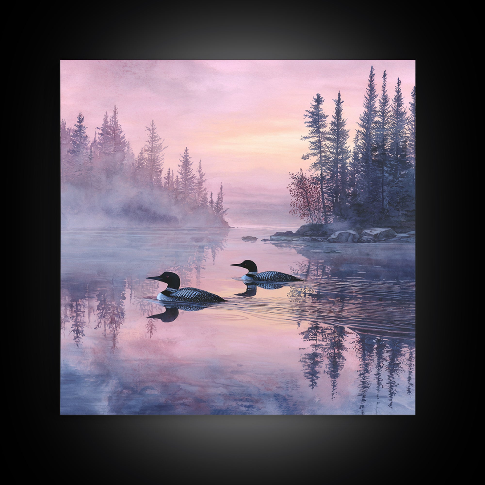 Misty Loon Lake Sunrise Wall Art, Tranquil Forest Landscape Canvas Print, Serene Cabin Decor, Peaceful Lake House Bedroom Art