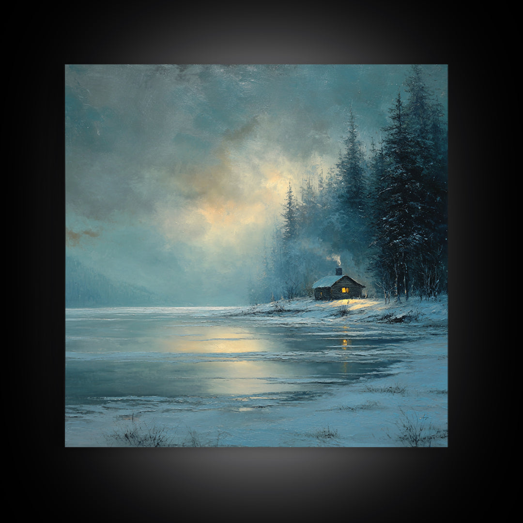 Cozy Winter Cabin By Frozen Lake Wall Art, Snowy Forest Landscape Framed Canvas Print, Rustic Cabin Decor, Calming Artwork