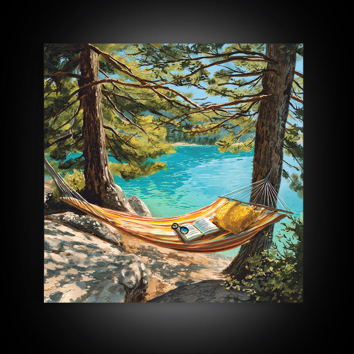 Hammock By Turquoise Lake Wall Art, Cozy Reading Nook In Pines Painting Print, Summer Cabin Home Decor Framed Canvas Print