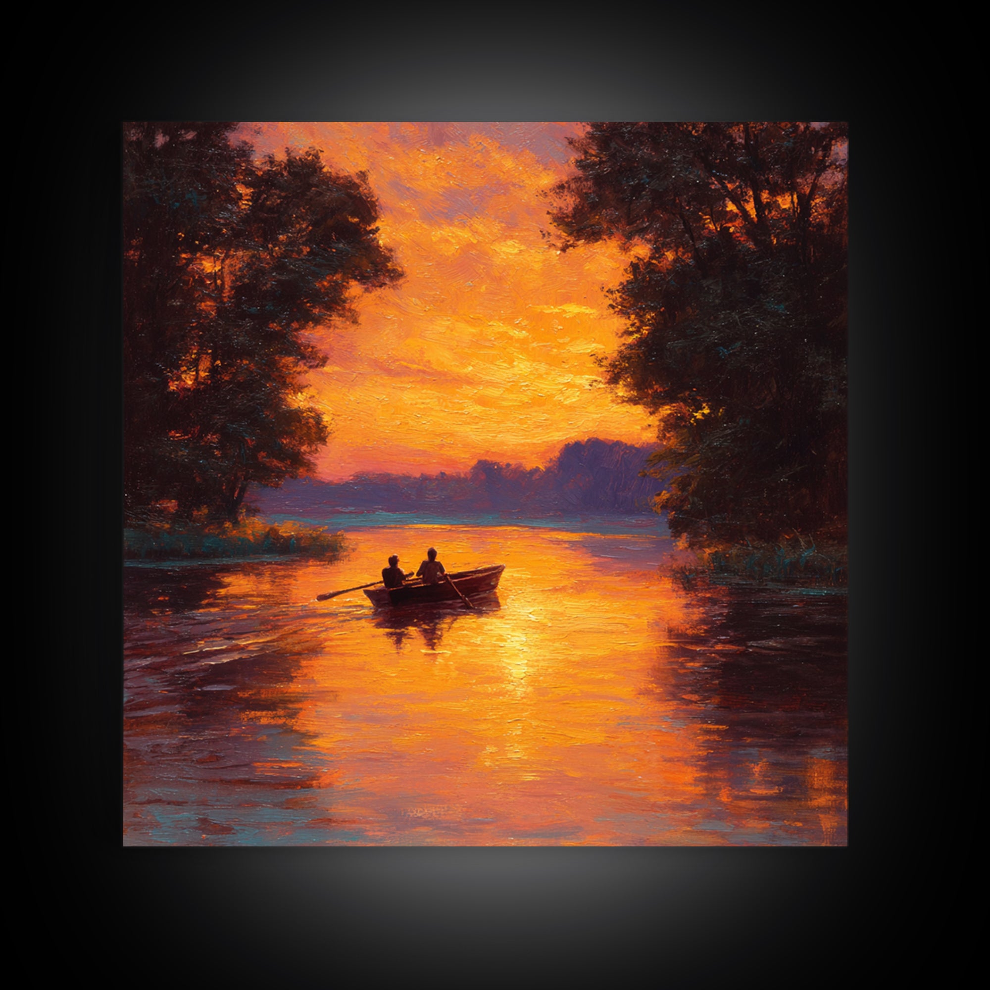 Couple Rowing Boat At Glowing Sunset Wall Art, Romantic Lake Landscape Canvas Print, Warm Living Room Home Decor