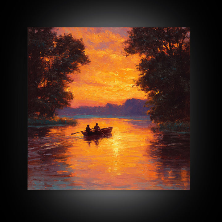 Couple Rowing Boat At Glowing Sunset Wall Art, Romantic Lake Landscape Canvas Print, Warm Living Room Home Decor
