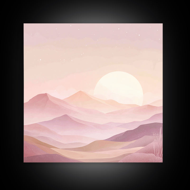 Minimalist Pink Moon Over Desert Mountains Wall Art, Celestial Landscape Print, Boho Bedroom Decor, Calming Nursery Art Gift
