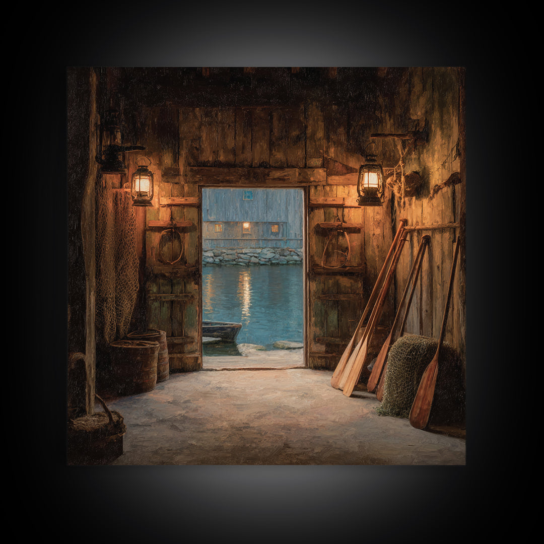 Warm Boat House Interior With Lanterns At Dusk Wall Art, Rustic Nautical Home Decor, Coastal Lake Framed Canvas Print