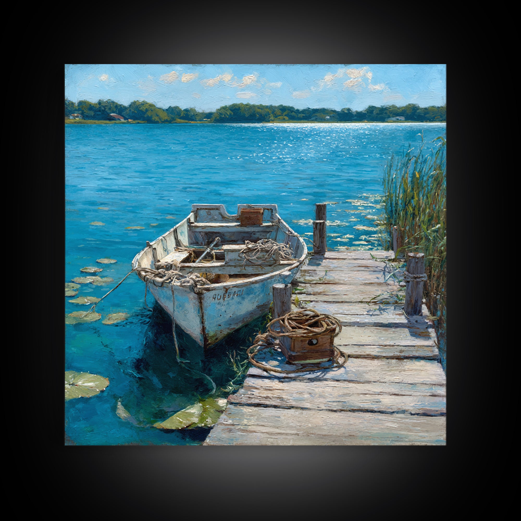 Serene Rowboat Lake Landscape Wall Art For Beach House Decor, Coastal Seascape Canvas Print, Nautical Living Room Artwork