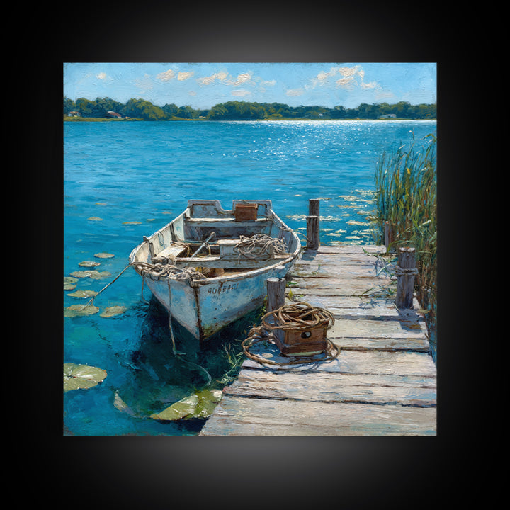 Serene Rowboat Lake Landscape Wall Art For Beach House Decor, Coastal Seascape Canvas Print, Nautical Living Room Artwork