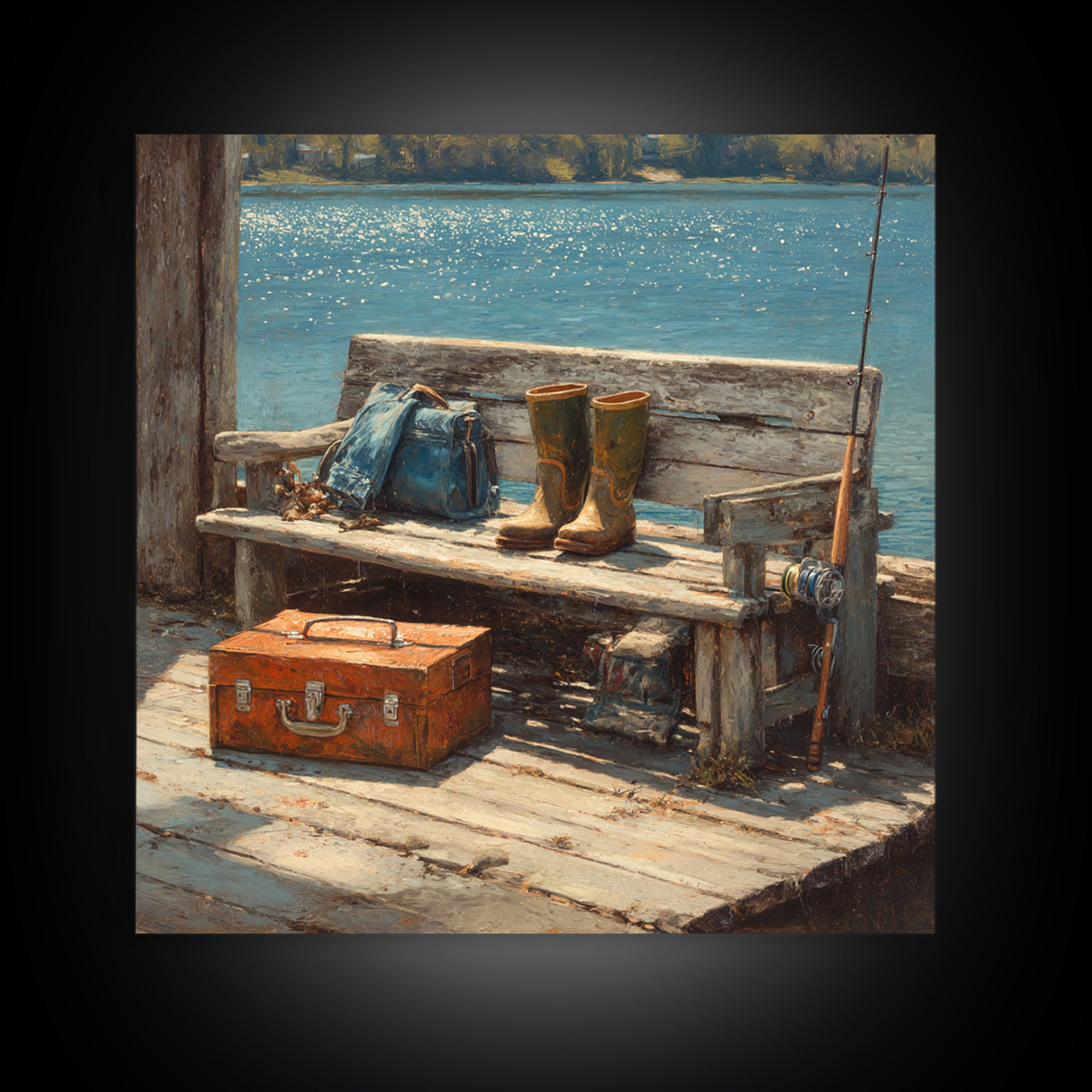 Rustic Fishing Dock Bench Wall Art, Lake Cabin Waterfront Canvas Print, Coastal Country Home Decor