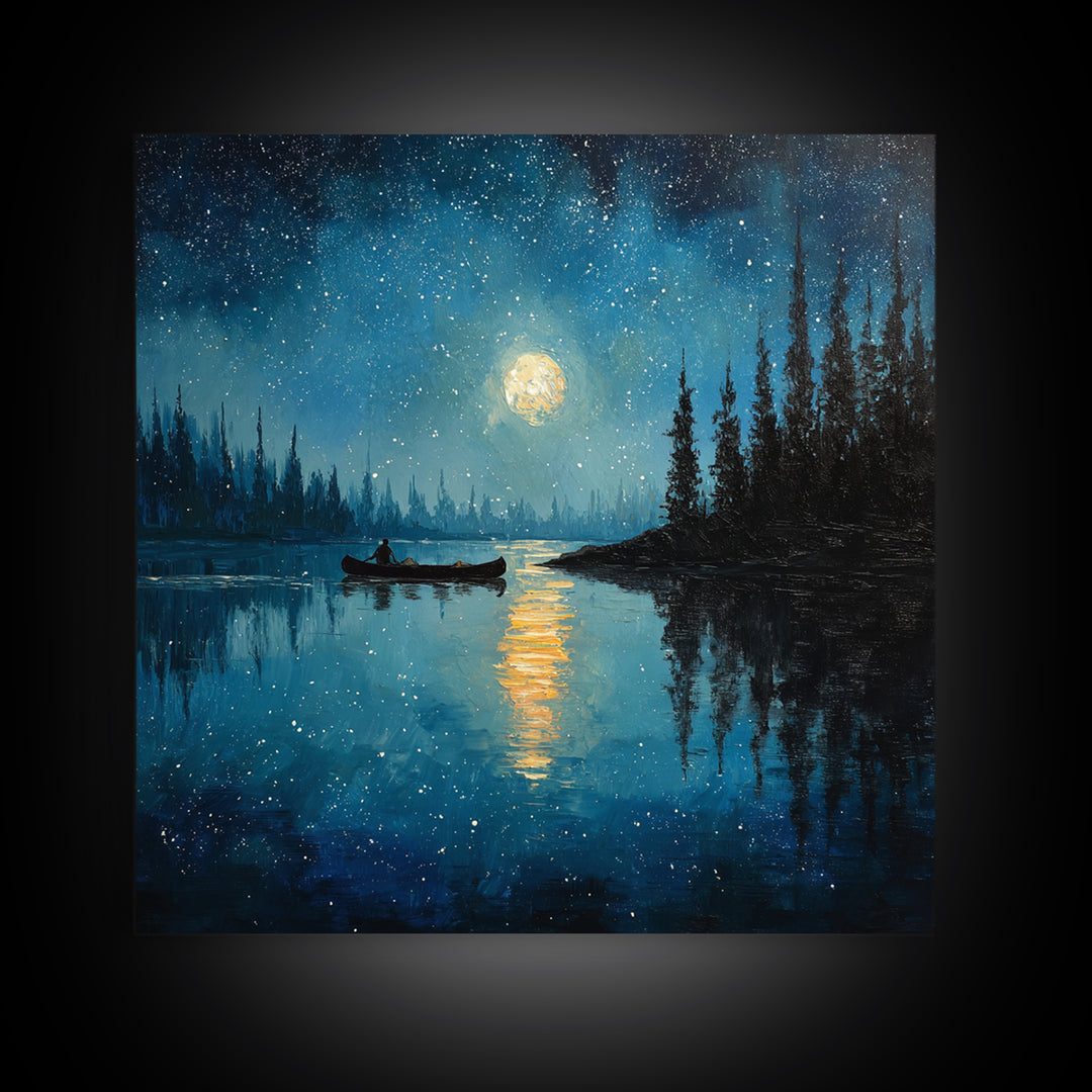 Moonlit Lake Canoe Night Landscape Wall Art, Starry Sky Reflection Print, Calming Nature Decor For Bedroom Wall Art