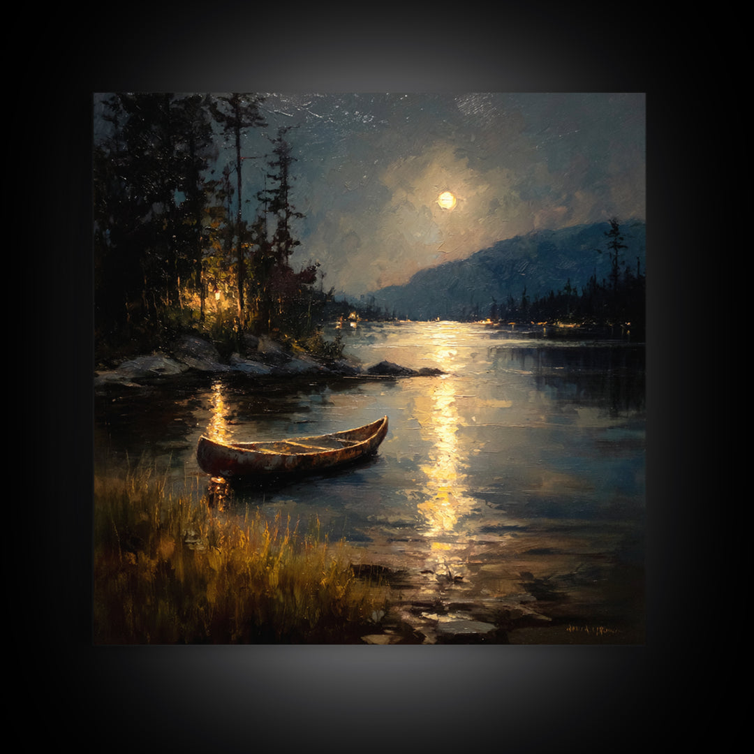 Moody Moonlit Lake Canoe Wall Art, Romantic Night Landscape Print, Rustic Cabin Decor, Calming Nature Art For Bedroom Or Living Room