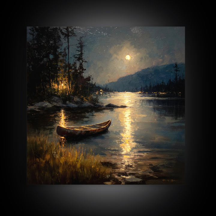 Moody Moonlit Lake Canoe Wall Art, Romantic Night Landscape Print, Rustic Cabin Decor, Calming Nature Art For Bedroom Or Living Room