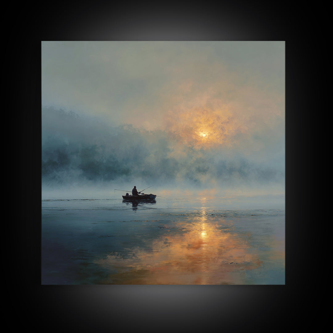 Misty Lake Sunrise Fisher In Boat Landscape Wall Art, Calming Nature Canvas Print, Modern Home Decor Living Room Art