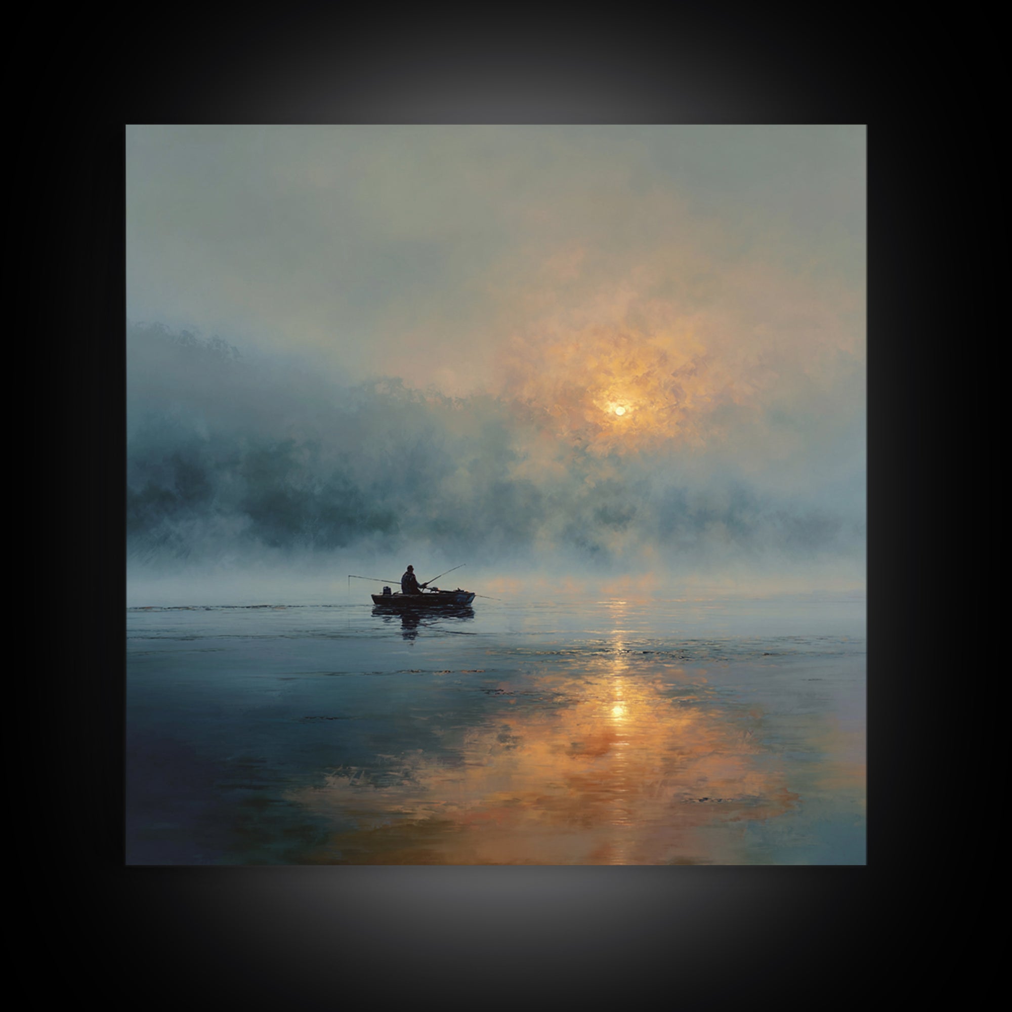 Misty Lake Sunrise Fisher In Boat Landscape Wall Art, Calming Nature Canvas Print, Modern Home Decor Living Room Art