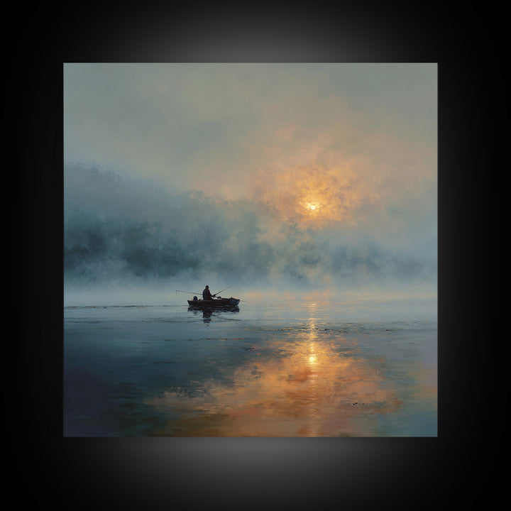 Misty Lake Sunrise Fisher In Boat Landscape Wall Art, Calming Nature Canvas Print, Modern Home Decor Living Room Art