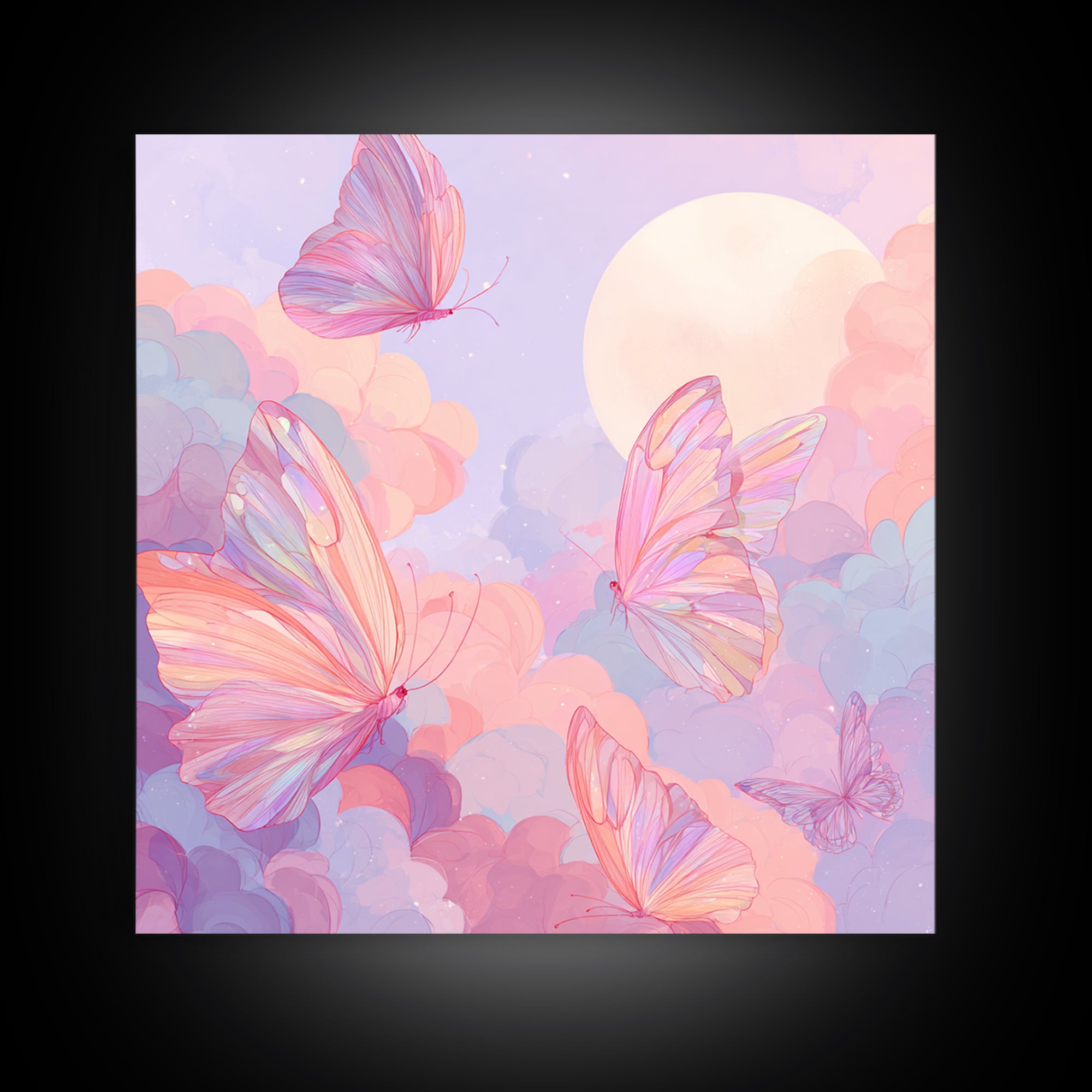 Pastel Pink Butterflies Moon Wall Art, Dreamy Celestial Canvas Print, Coquette Nursery Decor, Whimsical Bedroom Art Gift For Her