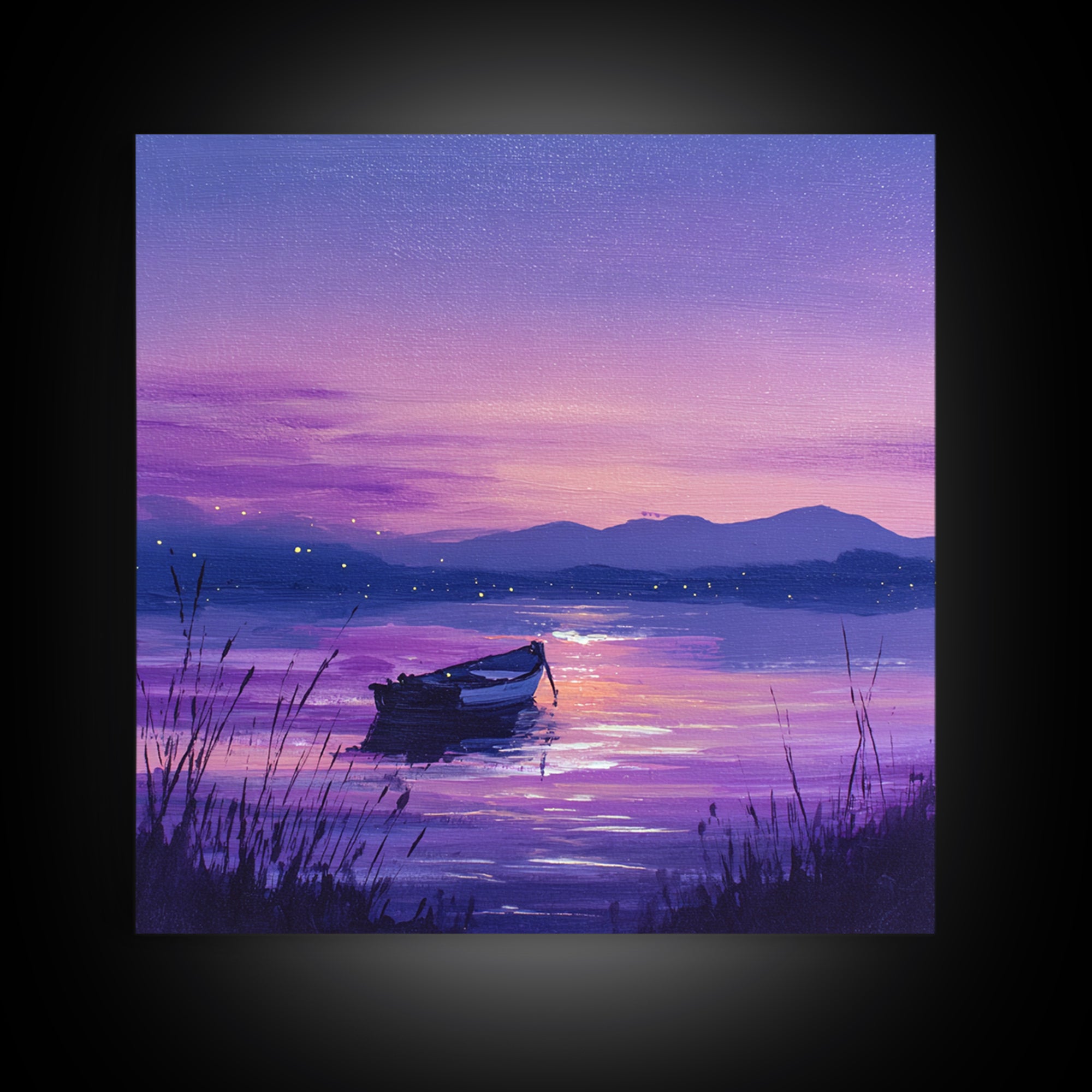 Purple Twilight Lake Boat Wall Art, Serene Sunset Landscape Canvas Print For Living Room Decor, Calming Modern Home Decor