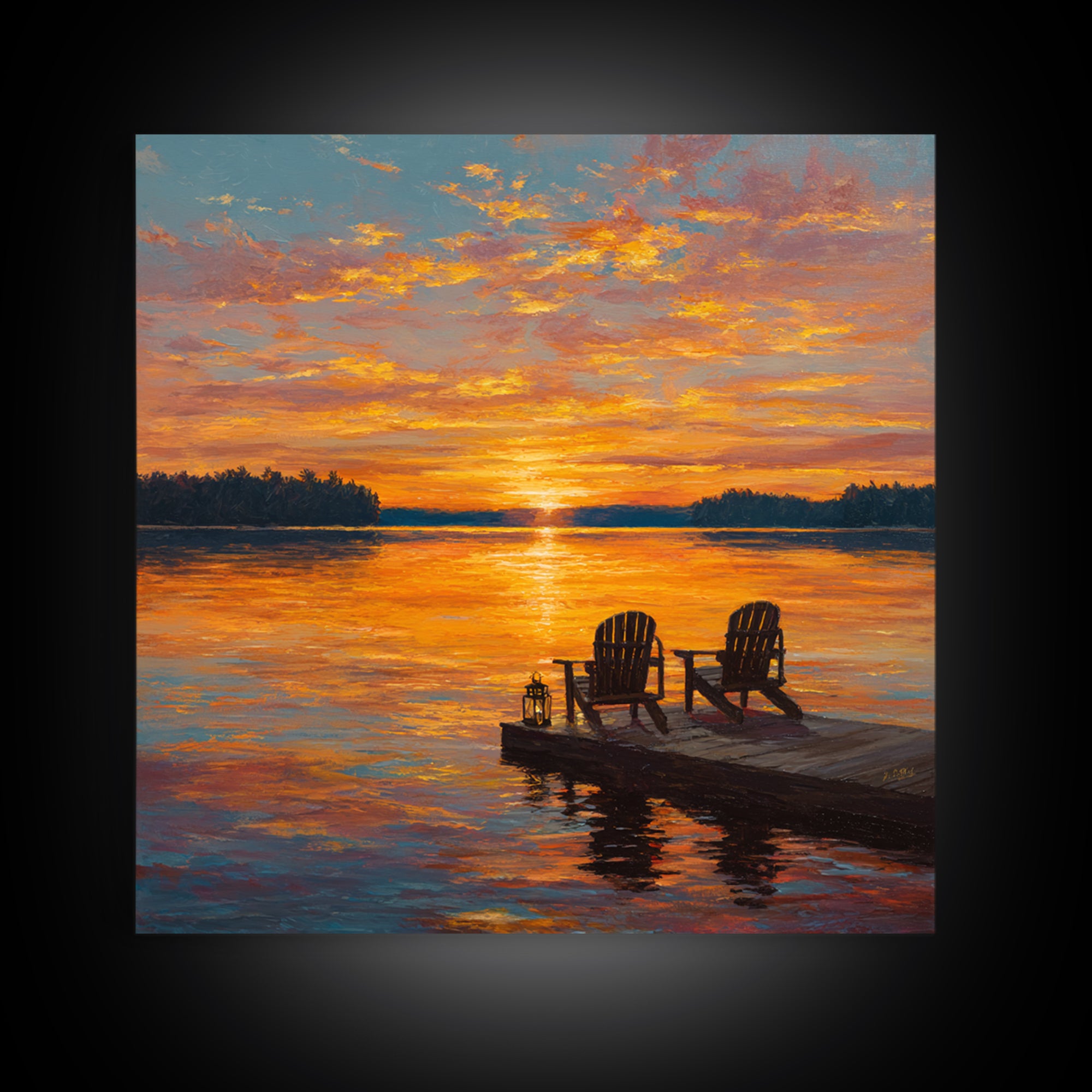 Lakeside Sunset With Adirondack Chairs Painting Wall Art, Romantic Lake Landscape Print, Cozy Cabin Summer Home Decor