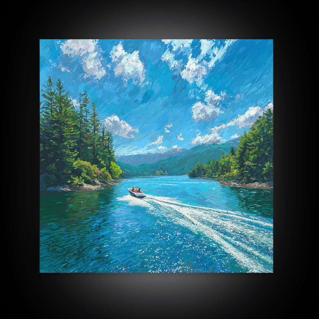 Boat On Mountain Lake Impressionist Landscape Wall Art, Turquoise Lake Painting Print, Nature Wall Art For Living Room Decor