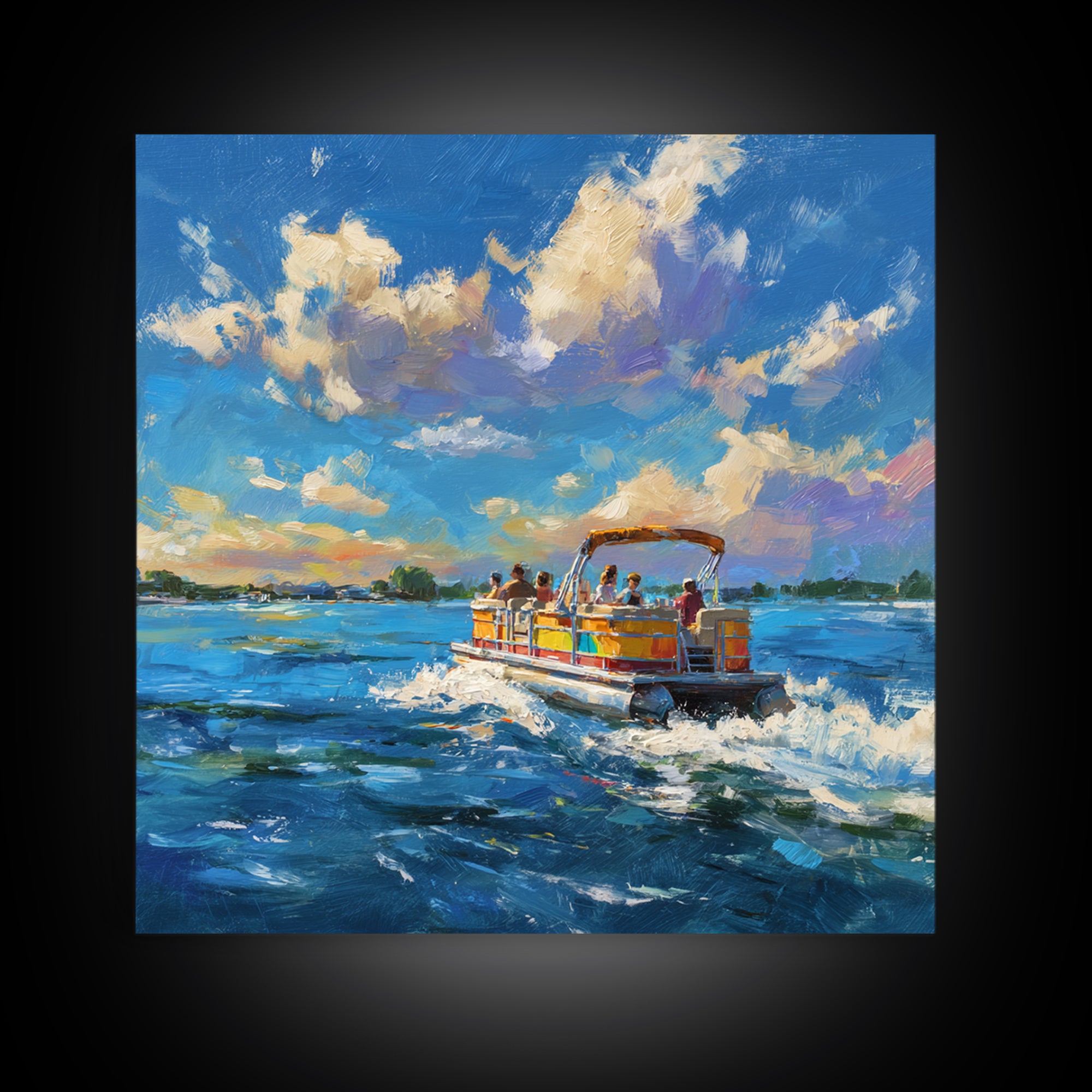 Sunny Boat Day Lake Oil Painting Wall Art, Colorful Coastal Art Print, Nautical Home Decor, Beach House Living Room Wall Art