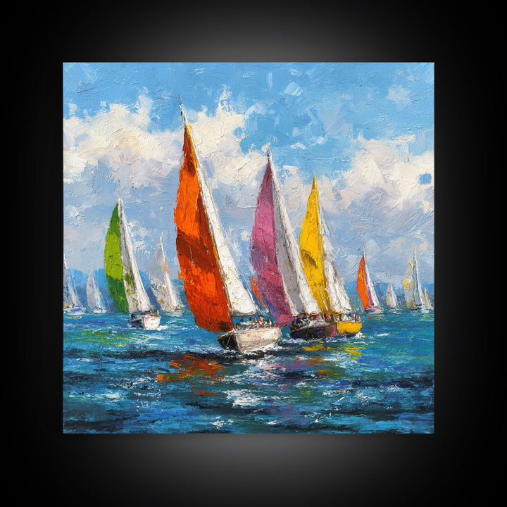 Colorful Sailboats Seascape Oil Painting Wall Art, Coastal Abstract Ocean Canvas Print, Beach House Decor Modern Nautical Art