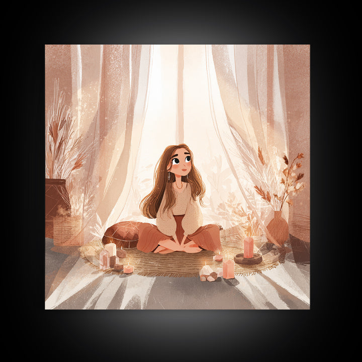 Cozy Meditation Girl With Candles Wall Art, Boho Spiritual Yoga Room Decor, Mindfulness Print, Peaceful Home Decor, Gift For Her