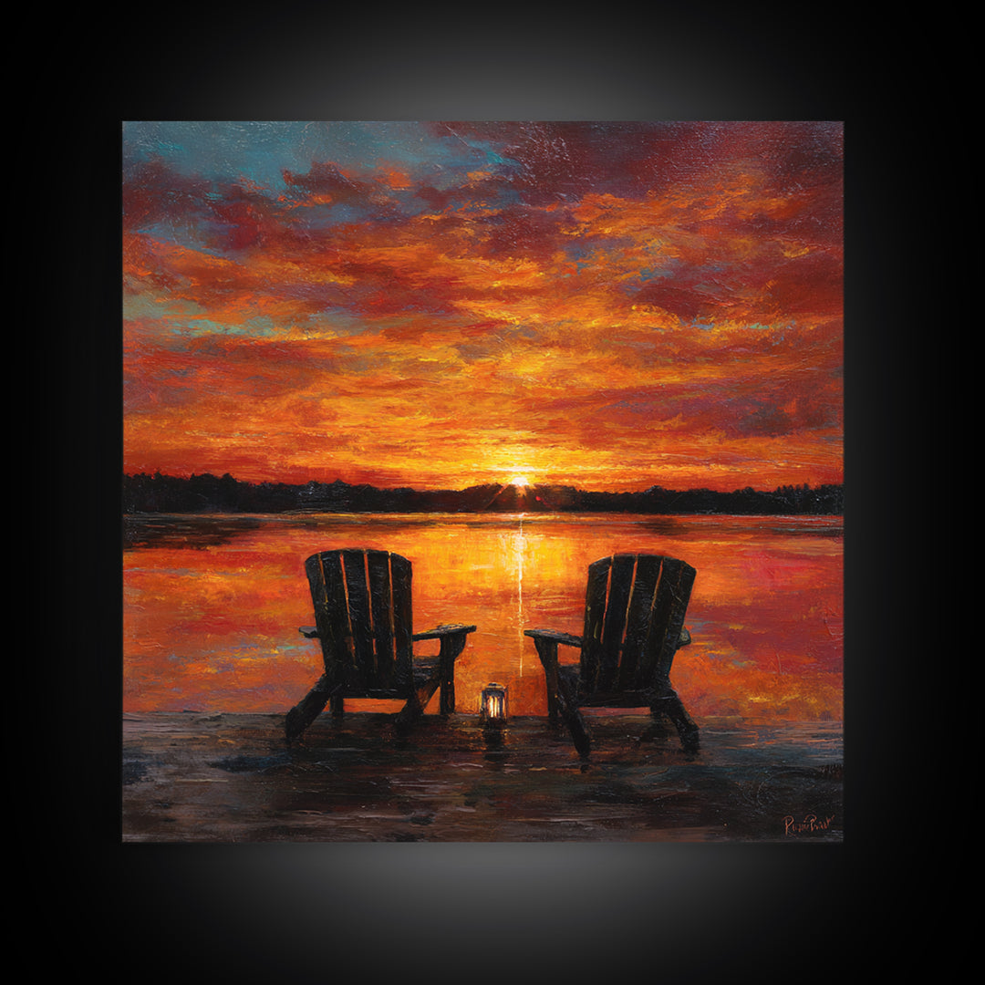 Romantic Lake Sunset Chairs Wall Art For Living Room Decor, Cozy Sunset Painting Canvas Print, Peaceful Landscape Art