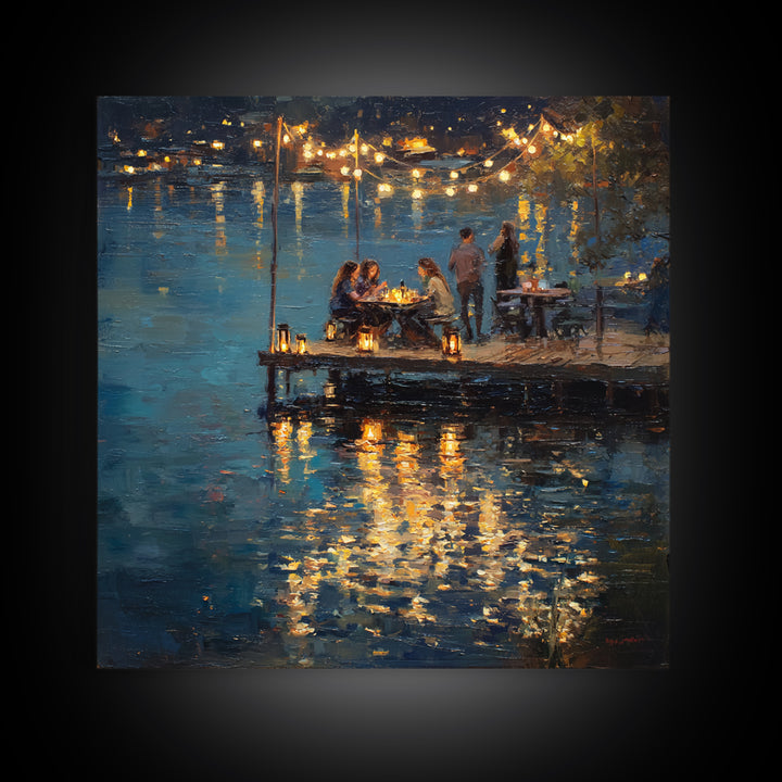 Romantic Lakeside Dinner Painting Wall Art, Warm Night Dock Scene Framed Canvas Print, Cozy Living Room And Dining Decor