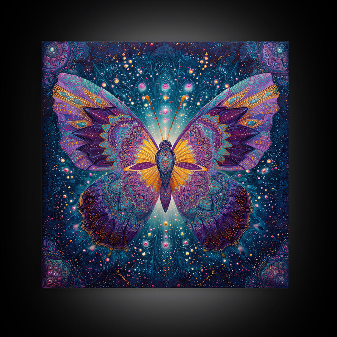 Mystical Butterfly In Cosmic Night Sky Wall Art, Colorful Boho Canvas Print, Spiritual Celestial Home Decor
