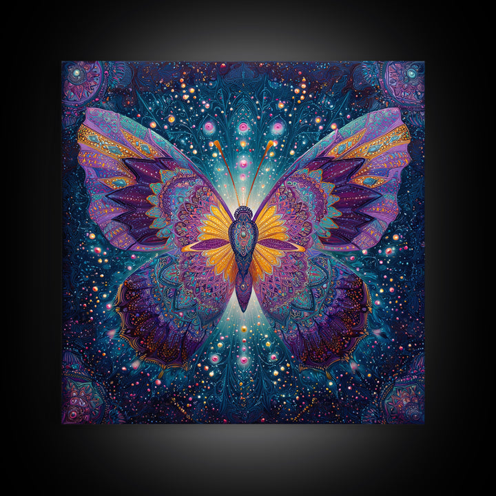 Mystical Butterfly In Cosmic Night Sky Wall Art, Colorful Boho Canvas Print, Spiritual Celestial Home Decor
