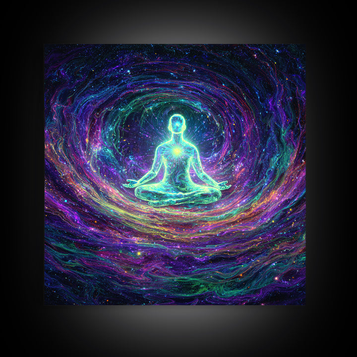 Glowing Figure Meditating In Cosmic Swirl Wall Art, Psychedelic Galaxy Canvas Print, Spiritual Mystical Home Decor