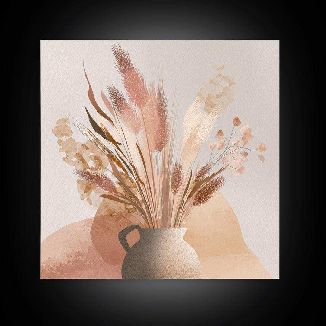 Neutral Pampas Grass Vase Wall Art, Boho Botanical Canvas Print, Earth Tone Floral Decor, Minimalist Living Room Wall Decor