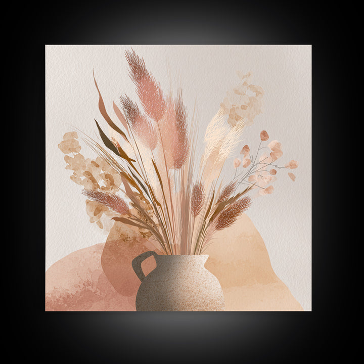 Neutral Pampas Grass Vase Wall Art, Boho Botanical Canvas Print, Earth Tone Floral Decor, Minimalist Living Room Wall Decor