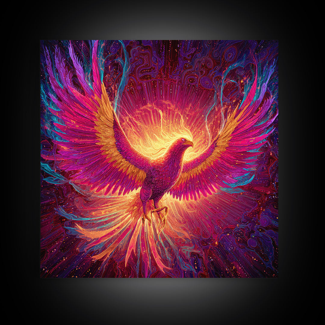 Radiant Phoenix With Fiery Wings Canvas Print, Mythical Bird Fantasy Wall Art, Vibrant Celestial Home Decor Gift For Living Room