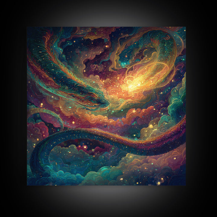 Cosmic Dragon And Phoenix Fantasy Wall Art, Colorful Celestial Galaxy Framed Canvas Print, Mystical Surreal Home Decor