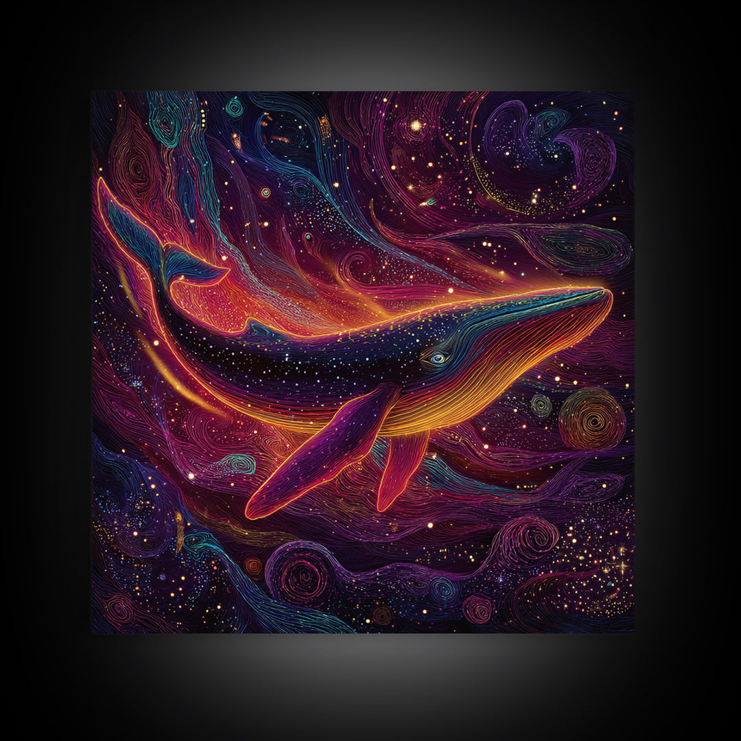 Colorful Cosmic Whale Swimming In Galaxy Wall Art, Psychedelic Space Art Print, Fantasy Ocean Decor, Kids Room Canvas Print