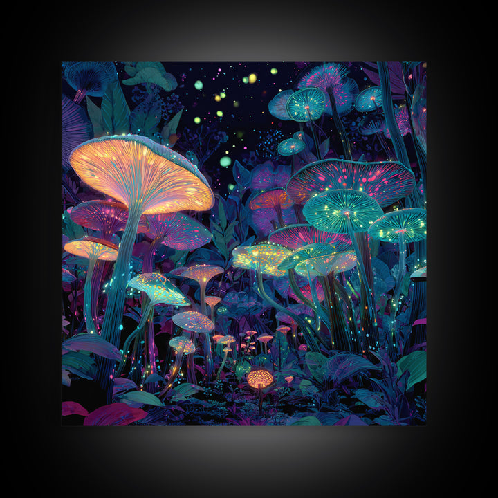 Glowing Mushrooms Fantasy Forest Wall Art, Whimsical Night Garden Painting, Colorful Nature Art Print, Magical Canvas Print
