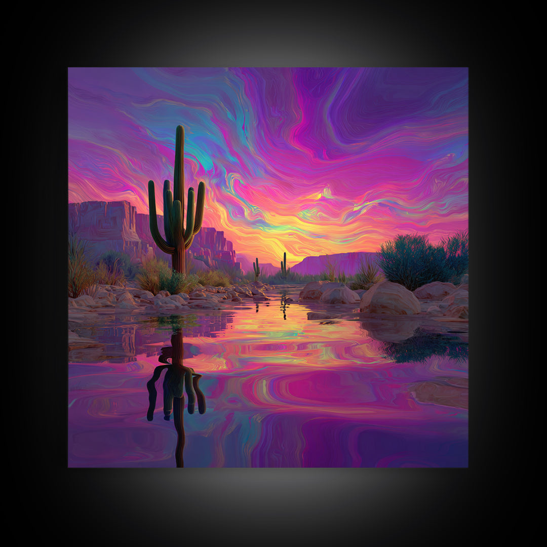 Neon Desert Cactus Sunset Wall Art Canvas Print Colorful Southwestern Landscape Art Modern Home Decor