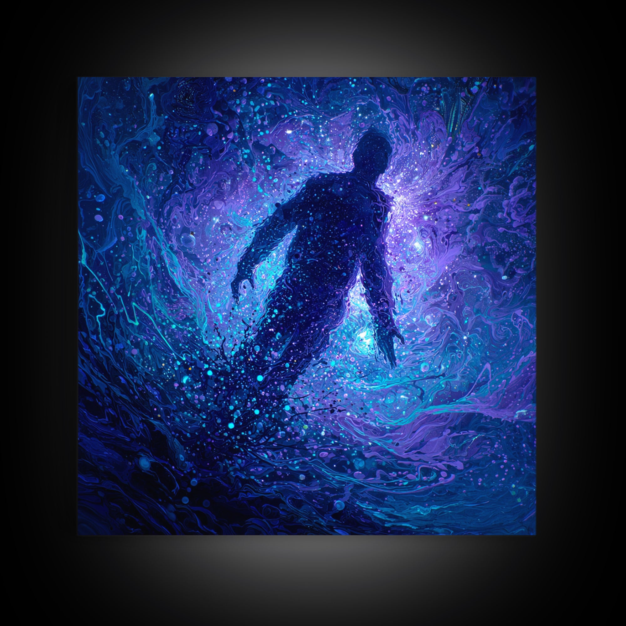Surreal Figure Floating In Cosmic Blue Swirl Canvas Print, Abstract Space Art, Mystical Wall Art For Modern Living Room Decor