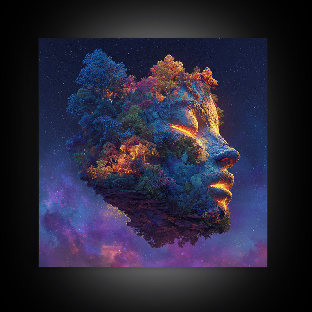 Cosmic Mother Earth Face Wall Art, Fantasy Floating Island Landscape Canvas Print, Vibrant Galaxy Home Decor