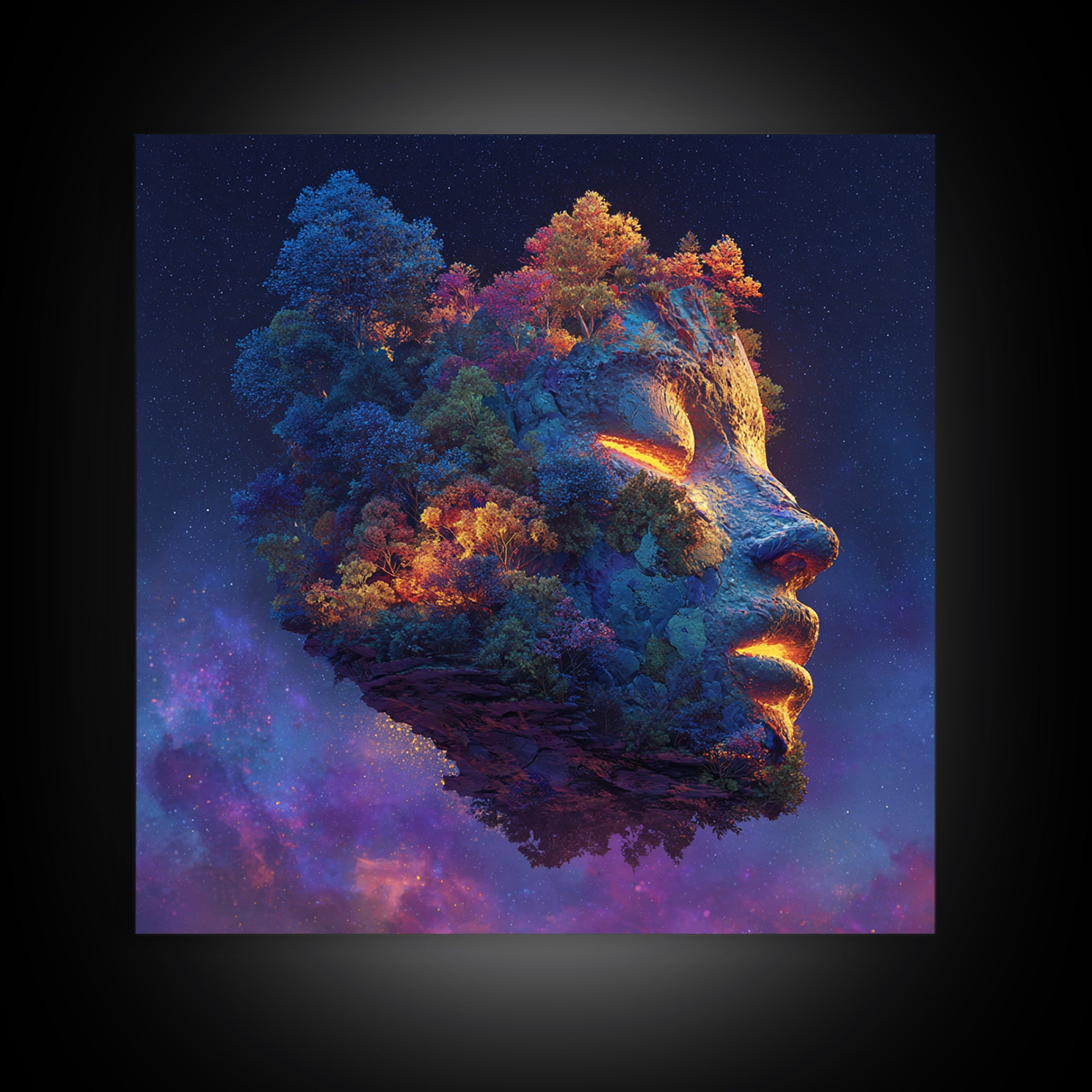 Cosmic Mother Earth Face Wall Art, Fantasy Floating Island Landscape Canvas Print, Vibrant Galaxy Home Decor