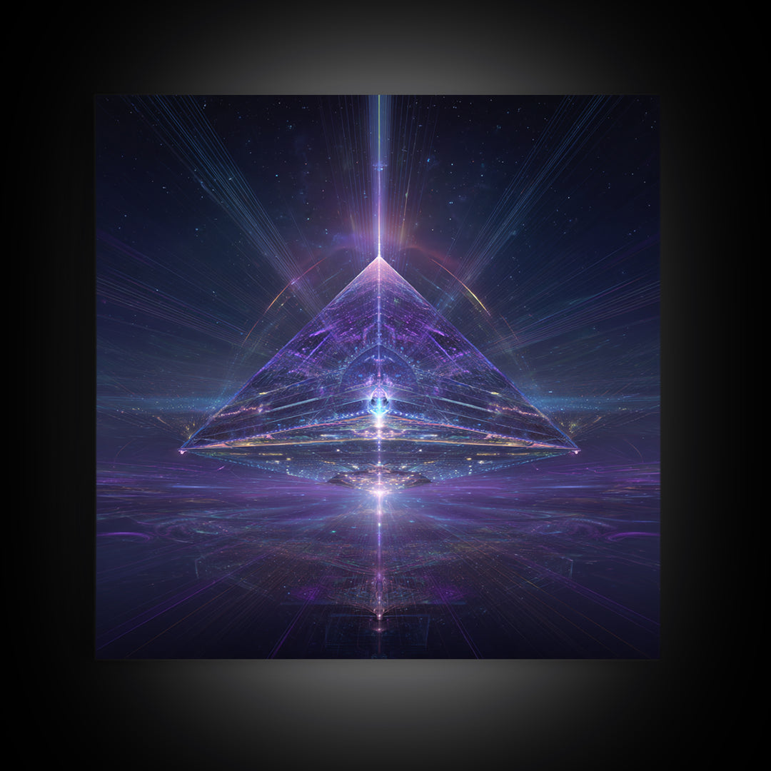 Cosmic Pyramid Portal Celestial Wall Art, Mystical Purple Galaxy Framed Canvas Print For Spiritual Meditation Decor