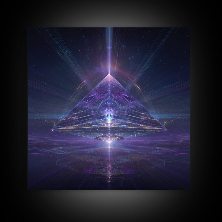 Cosmic Pyramid Portal Celestial Wall Art, Mystical Purple Galaxy Framed Canvas Print For Spiritual Meditation Decor