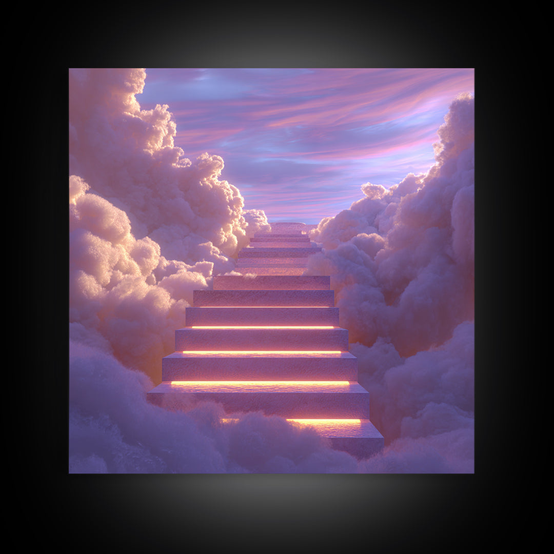 Glowing Stairway Through Pastel Clouds Wall Art, Dreamy Celestial Canvas Print, Calming Bedroom Decor For Nursery And Meditation Room