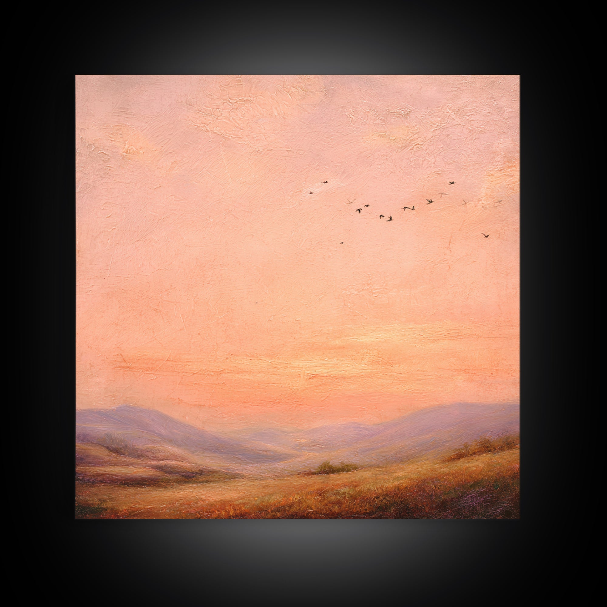Peach Sunset Valley Landscape Wall Art, Textured Oil Painting Print, Warm Nature Decor, Large Living Room Canvas Wall Decor