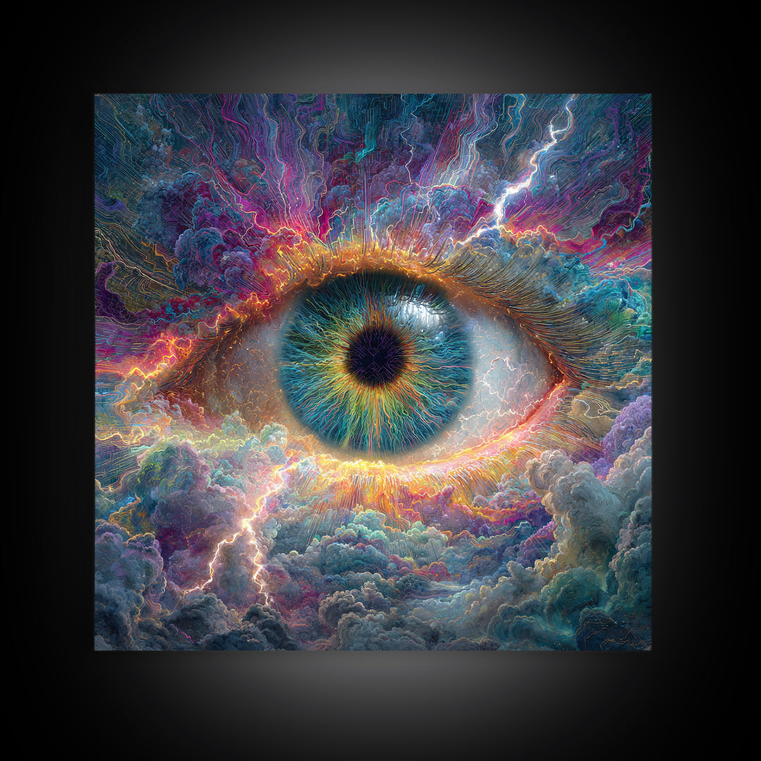 Cosmic Eye In Storm Clouds Framed Canvas Print, Surreal Celestial Wall Art, Psychedelic Visionary Decor For Office And Living Room